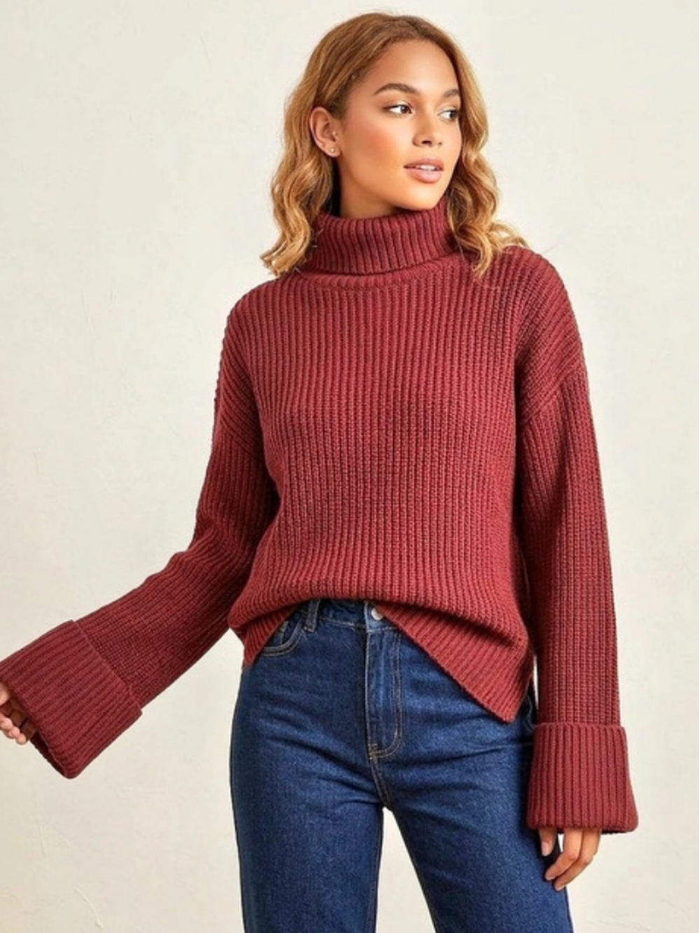SHEIN Burgundy Ribbed Asymmetric Hem Turtleneck Sweater - Size S